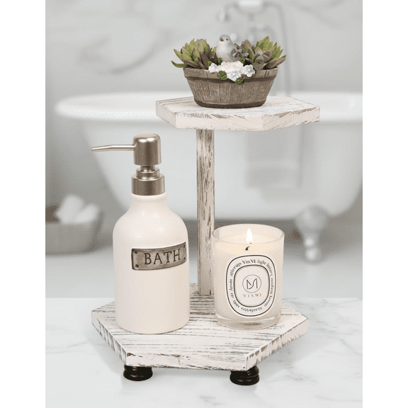 2-Tier Hexagonal Wood Riser for Counter Decor, Farmhouse Display Stand for Kitchen Bathroom, Decorative Tray for Soap Dispenser, Plants, and Home Decorations (White)