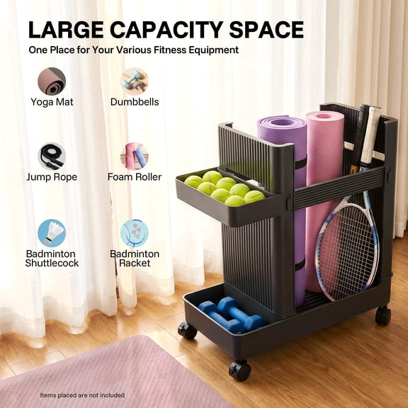 2-Tier Home Gym Storage Rack with Wheels, Workout Equipment Organizer Yoga Mat Storage Rack & Dumbbell Weight Stand for Foam Roller, Fitness Accessories, Small Gym (Grey)