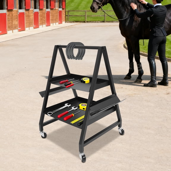 2-Tier Horseshoeing Tool Cart with 4 Locking Wheels, Heavy-Duty Farrier Tool Box with Rasp Holders, 20LB per Shelf Utility Rack for Farms Workshops Garages (Black)