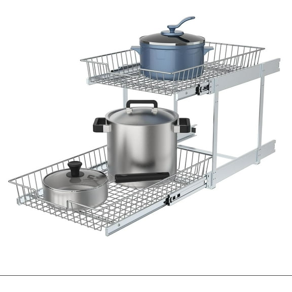 2 Tier Individual Pull Out Cabinet Organizer 11"W x 21" D, Pull Out Shelves Slide Out Kitchen Storage Sliding Shelvesfor Organization in Kitchen, Chrome