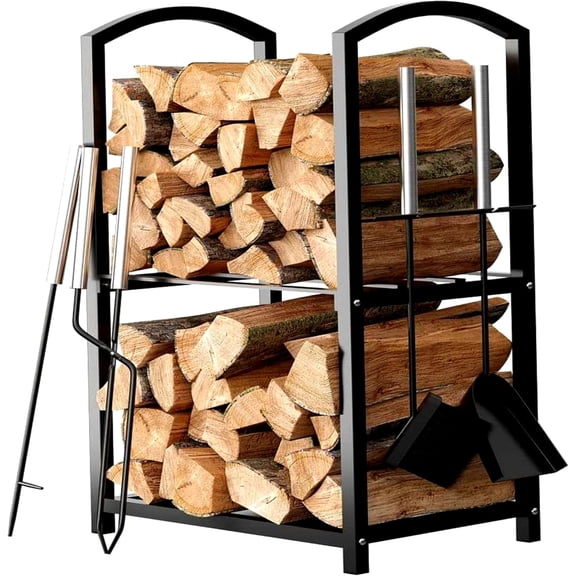 2-Tier Indoor/Outdoor Firewood Rack with Fireplace Tool Set, Waterproof Steel Pipe, Black