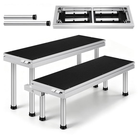 2-Tier Indoor Outdoor Portable Stage Platform with Folding Legs, Connectable Modular Stage Riser, NonSlip Performance Stage for Concert Events, H 16in + H 24in
