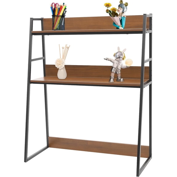 2 Tier Industrial Desktop Bookshelf 29.5 inch Ladder Bookcase Computer Desk Multi-Functional Storage Rack Display Rack for Dorm Home Office Supplies