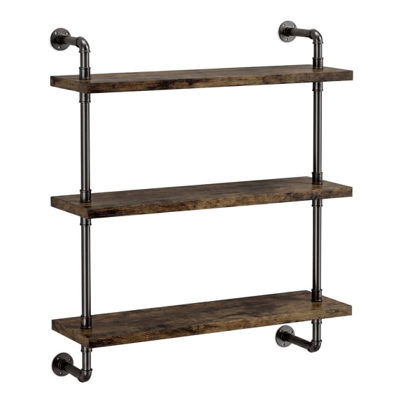 2 Tier Industrial Pipe Floating Bathroom Shelves, 16inch Rustic Wood Wall Mounted Shelf, Storage Rack Sundries Holder for Kitchen Office Bathroom Organization & Home Dcor