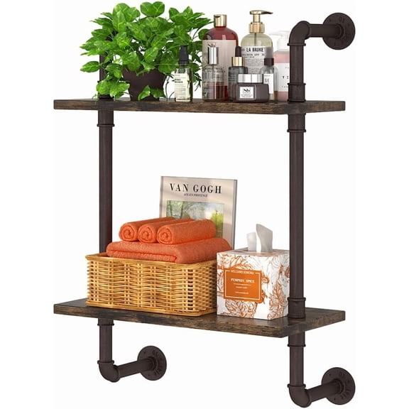 2 Tier Industrial Pipe Floating Bathroom Shelves, 16inch Rustic Wood Wall Mounted Shelf, Storage Rack Sundries Holder for Kitchen Office Bathroom Organization & Home Décor