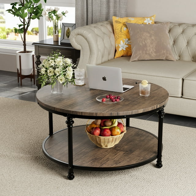 2Tier Industrial Round Coffee Table with Sturdy Metal Legs