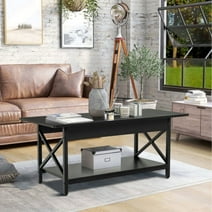 2-Tier Industrial Wood Coffee Tables with Storage Shelf for Living Room, Rectangular Small Cocktail Center Tea Table, Black