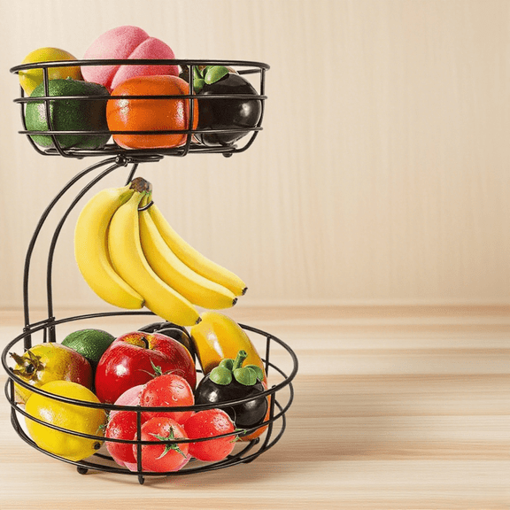 2-Tier Iron Countertop Storage - Fruit Vegetable Basket with Banana Hanger, Black (64oz)