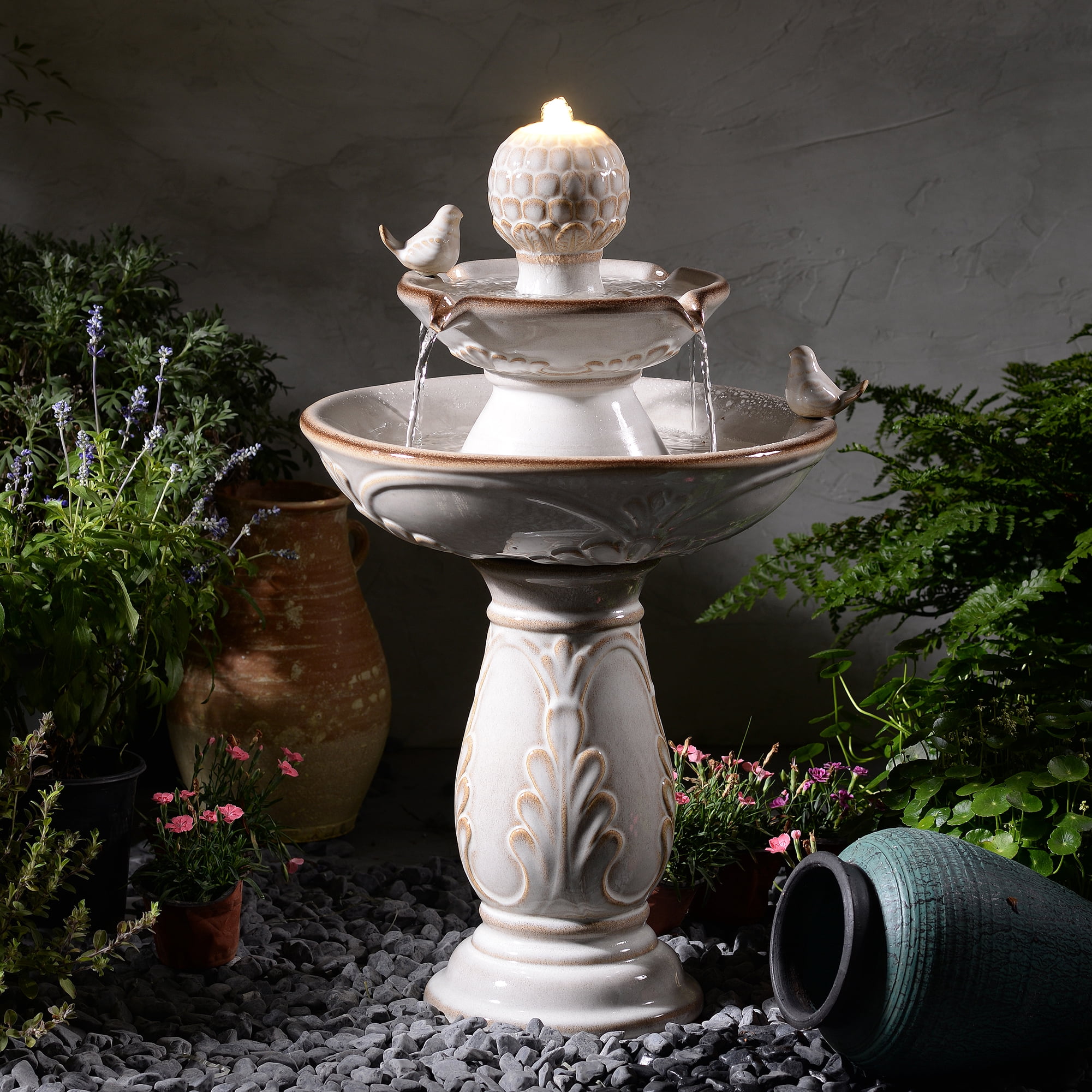 2-Tier Ivory Ceramic Bird Bath Fountain, Decorative Water Fountain with LED Lights and Quiet Pump, Indoor Outdoor Water Feature for Patio, Garden, Deck, Balcony