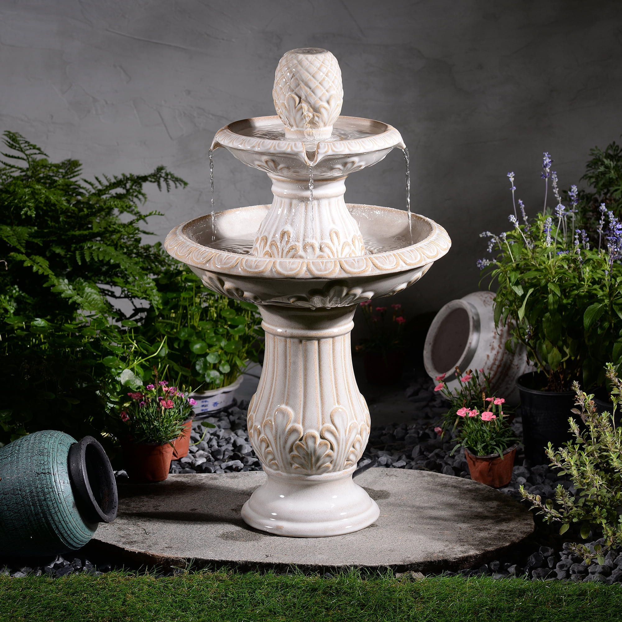 2-Tier Ivory Ceramic Pedestal Fountain, Decorative Water Fountain with LED Lights and Quiet Pump, Indoor Outdoor Water Feature for Patio, Garden, Deck, Balcony, Office and Home Décor