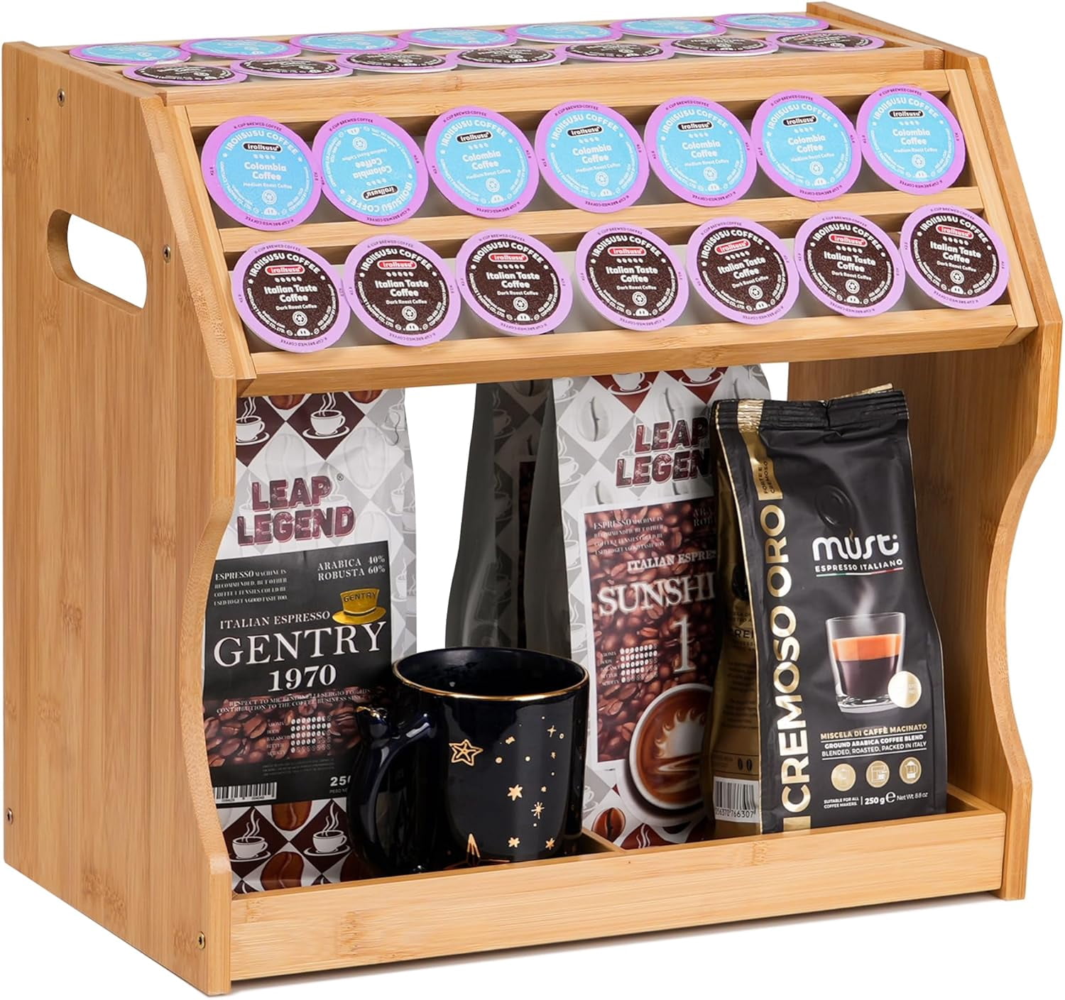 2-Tier K Cup Holder & Condiment Organizer, Bamboo Coffee Pod Organizer ...