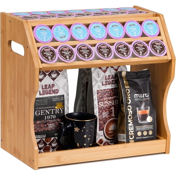 2-Tier K Cup Holder & Condiment Organizer, Bamboo Coffee Pod Organizer & Coffee Bar Accessory for Home or Office,Space-Saving Storage Rack with Handles