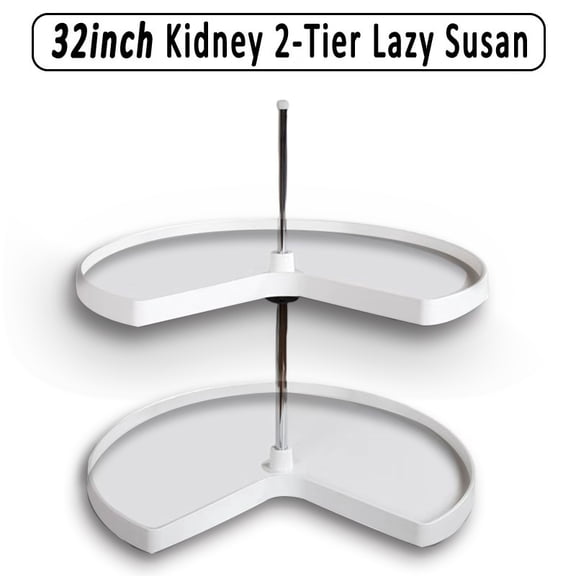 2 Tier Kidney Cut Lazy Susan for Corner Base Cabinets, Plastic,32" Double Shelf Swivel Kitchen Organizer, White