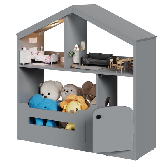 2-Tier Kids Bookshelf and Toy Storage with Toy Storage & Motion Sensor Light, 36.6" Wide Wooden Bookcase for Nursery, Playroom & Bedroom, Storage Cabinet with Anti-Tip Device, Easy Assembly