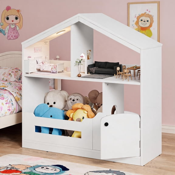 2-Tier Kids Bookshelf and Toy Storage with Toy Storage & Motion Sensor Light, 36.6" Wide Wooden Bookcase for Nursery, Playroom & Bedroom, Storage Cabinet with Anti-Tip Device, Easy Assembly