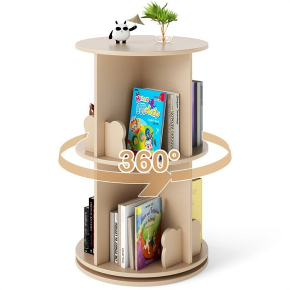 2-Tier Kids Rotating Bookshelf - 360 Display for Books/Toys, Bear Baffles + Child-Friendly Height, 22 lbs Net Weight
