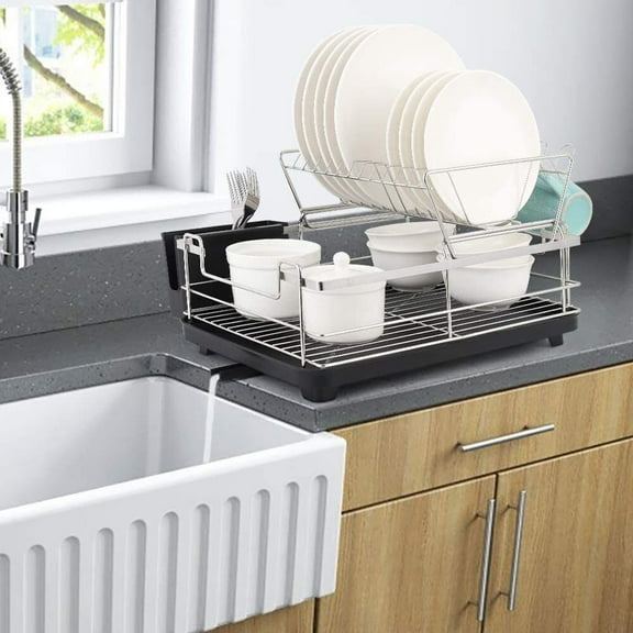 2 Tier Kitchen Dish Drying Rack Stainless Tray Cutlery Holder Drainer Dryer Rack