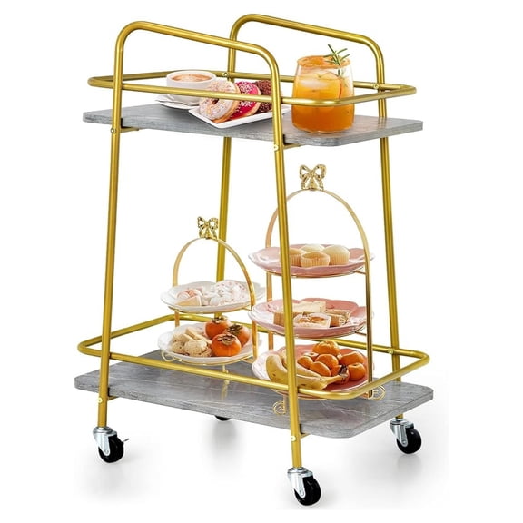2-Tier Kitchen Storage Rolling Cart, Storage Trolley Serving Cart with Handle, Marbling Pattern Countertop, Lockable Wheels for Home, Dining Room, Office, Restaurant, Hotel