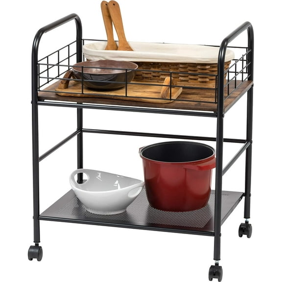 2-Tier Kitchen Storage Rolling Cart with Lockable Caster Wheels, Coffee Cart, Pantry Rack, Home Bar, Serving Cart, Rustic Brown