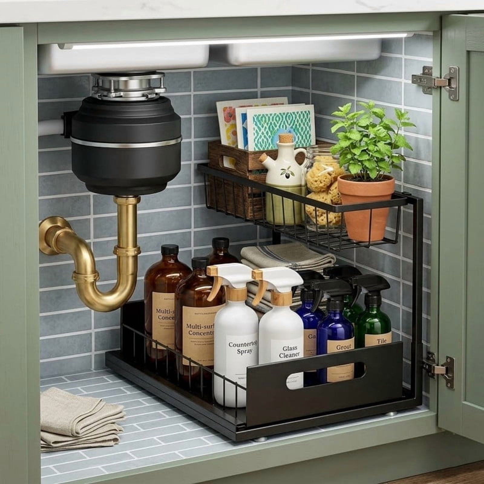 2-Tier L-Shape Under Sink Organizer, Slide Out Metal Kitchen & Bathroom Storage Rack, Kitchen Cabinet Organizer, 1 Pack