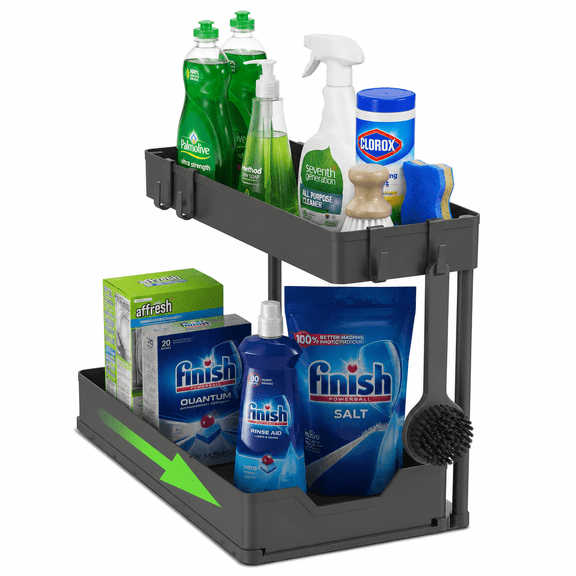 Under Sink Organizer and Storage, 2 Tier L-Shape Sliding Drawer with Hooks Perfect for Kitchen Narrow Space, Multi-Purpose Bathroom Sink Organizers