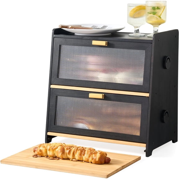 2-Tier Large Bread Box for Kitchen Countertop - Double Wooden Storage Container with Bamboo Cutting Board & Adjustable Air Vents, Midnight Black (Space Saving Corner Box)