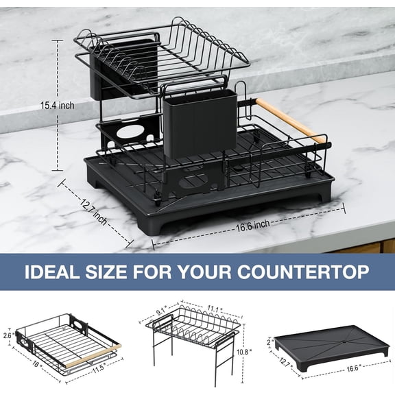 2-Tier Large Capacity Dish Drying Rack for Kitchen Counter: Anti-Rust Heavy Duty Strainer with Drainboard, Cup Holder & Organizer