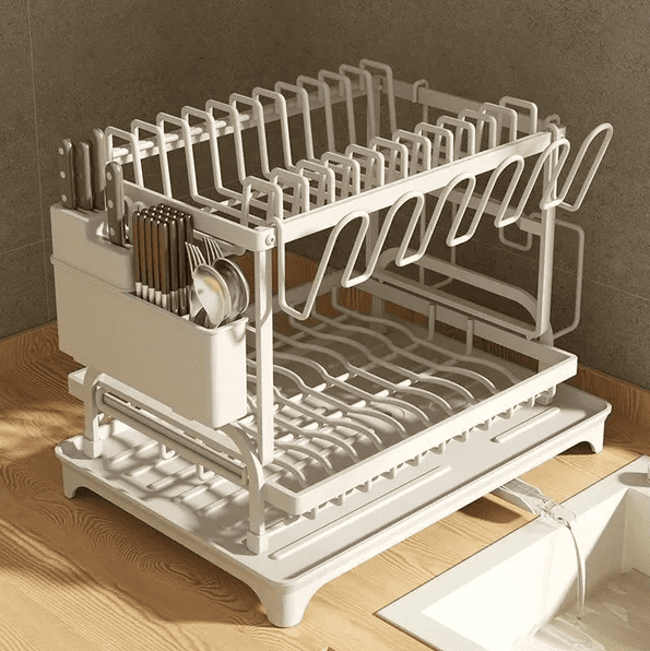 2-Tier Large Capacity Kitchen Dish Drying Rack with Drain Board, Rustproof Utensil Holder for Countertop white
