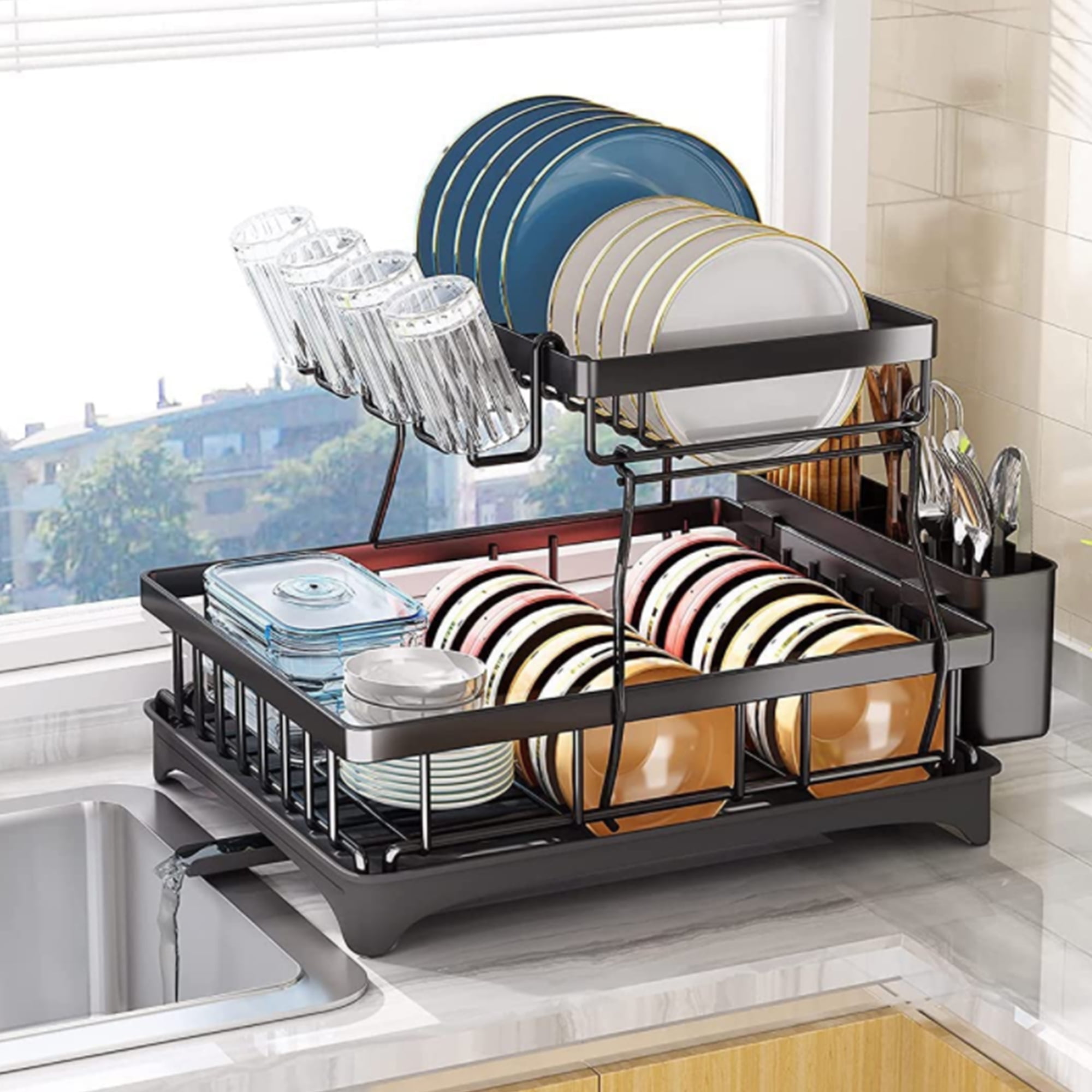 Large Dish Drying Rack with Drainboard, 2 Tier Stainless Steel Drying