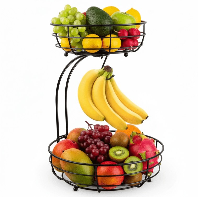 2 Tier Large Fruit Basket for Kitchen Counter with Banana Hangers, Iron Stackable Fruit Bowl for Kitchen Counter for Bread Vegetable Fruits, 64 OZ,Black
