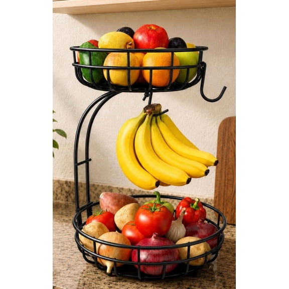 Tmtamye Fruit Basket with Removable Banana Hook, 2-Tier Metal Countertop Storage Basket for Kitchen Counter, Black