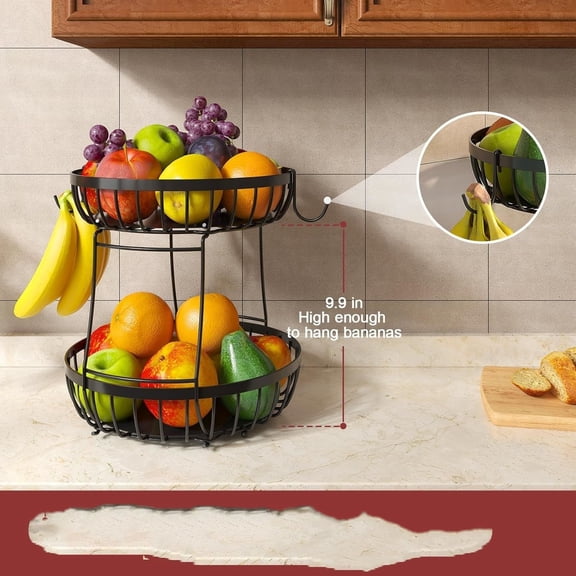 2 Tier Large Fruit Basket for Kitchen Counter with 2 Banana Hangers, Metal Stackable Fruit Bowl for Kitchen Counter for Bread Vegetable Fruits, Black