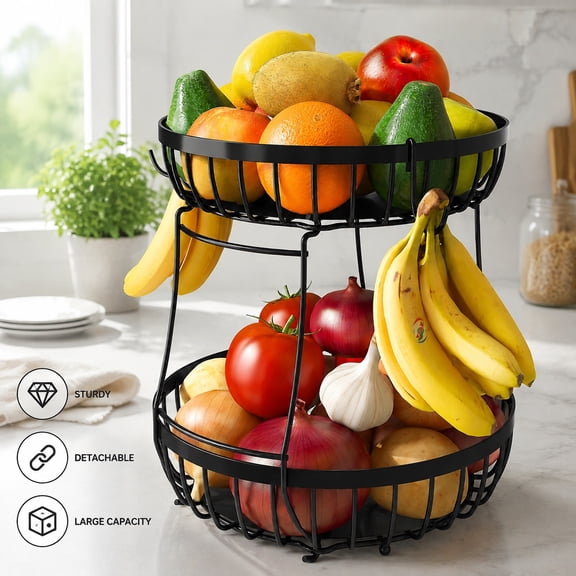 2 Tier Large Fruit Bowl with 2 Banana Hangers - Durable Metal Wire Basket Kitchen Countertop Organizer Storage Rack
