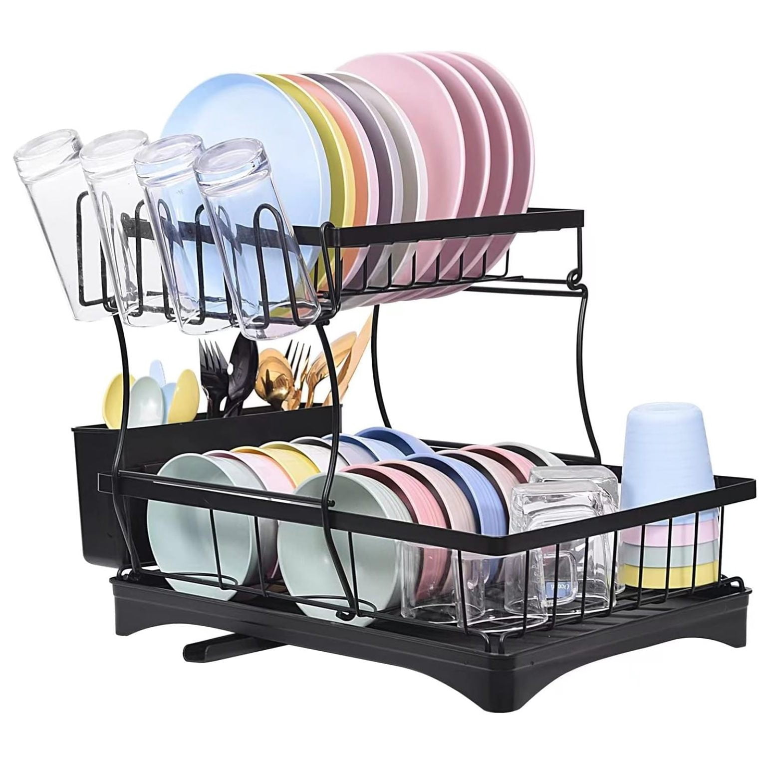 2 Tier Large Kitchen Dish Drying Rack with Drainboard Stainless Steel ...