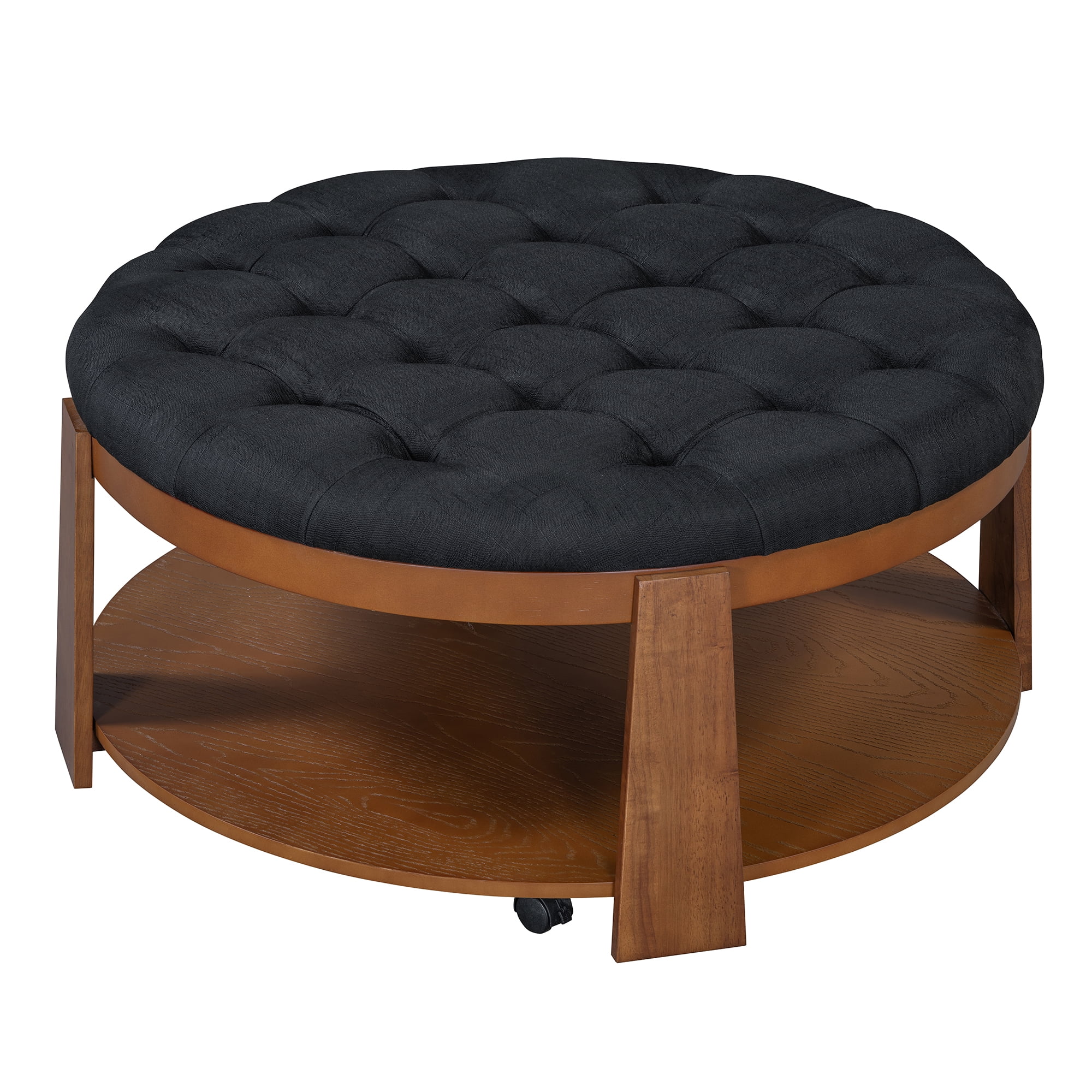 2-Tier Large Round Ottoman Coffee Table For Living Room, Modern Upholstered Button Tufted Linen ...