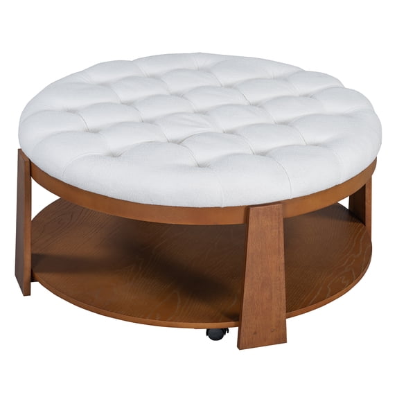 2-Tier Large Round Ottoman Coffee Table For Living Room, Modern Upholstered Button Tufted Linen Footrest Ottoman With Wood Shelf Storage & Wheels