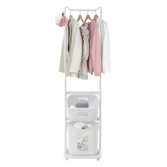 2 Tier Laundry Basket with Hanging Bar, Vertical Laundry Sorter with Wheels, Stackable Laundry Baskets, Tiered Laundry Basket Organizer with Hooks, For Small Space Dorm Closet Bathroom