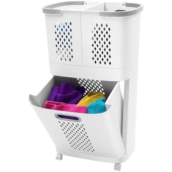 2 Tier Laundry Basket with Wheels & Handle, Stackable & Removable Laundry Basket Plastic Rolling Laundry Baskets Plastic Laundry Hamper, Vertical Laundry Sorter for Bathrooms Bedrooms