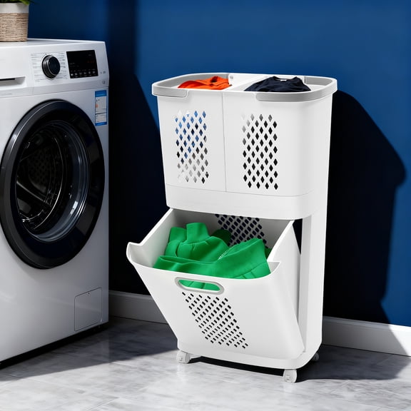 2 Tier Laundry Basket with Wheels & Handle, Stackable & Removable Laundry Basket Plastic Rolling Laundry Baskets Plastic Laundry Hamper, Vertical Laundry Sorter for Bathrooms Bedrooms