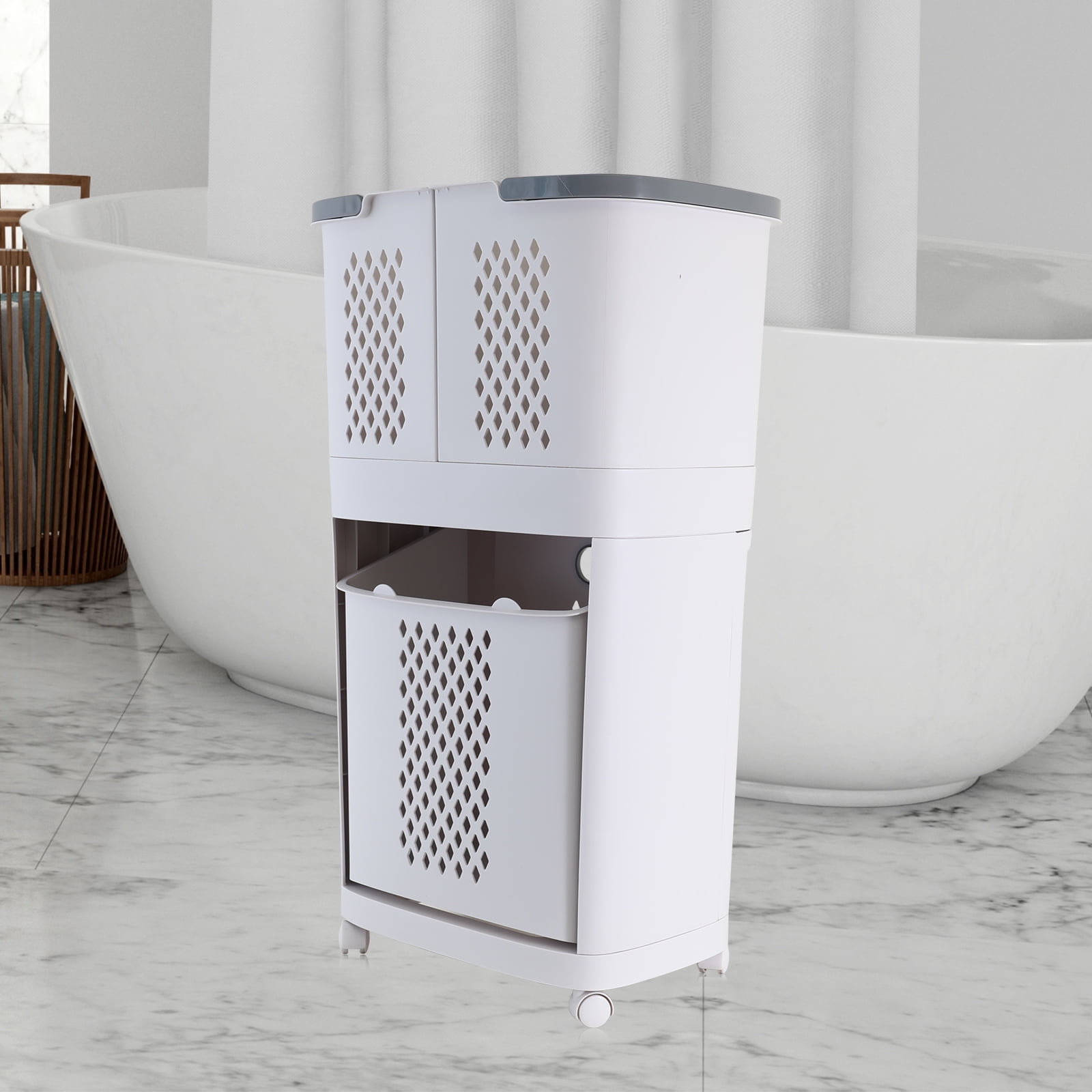 2-Tier Laundry Hamper Basket Sorter with Wheels Clothes Storage Organizer Shelf Rolling Cart, 14"×9"×29"