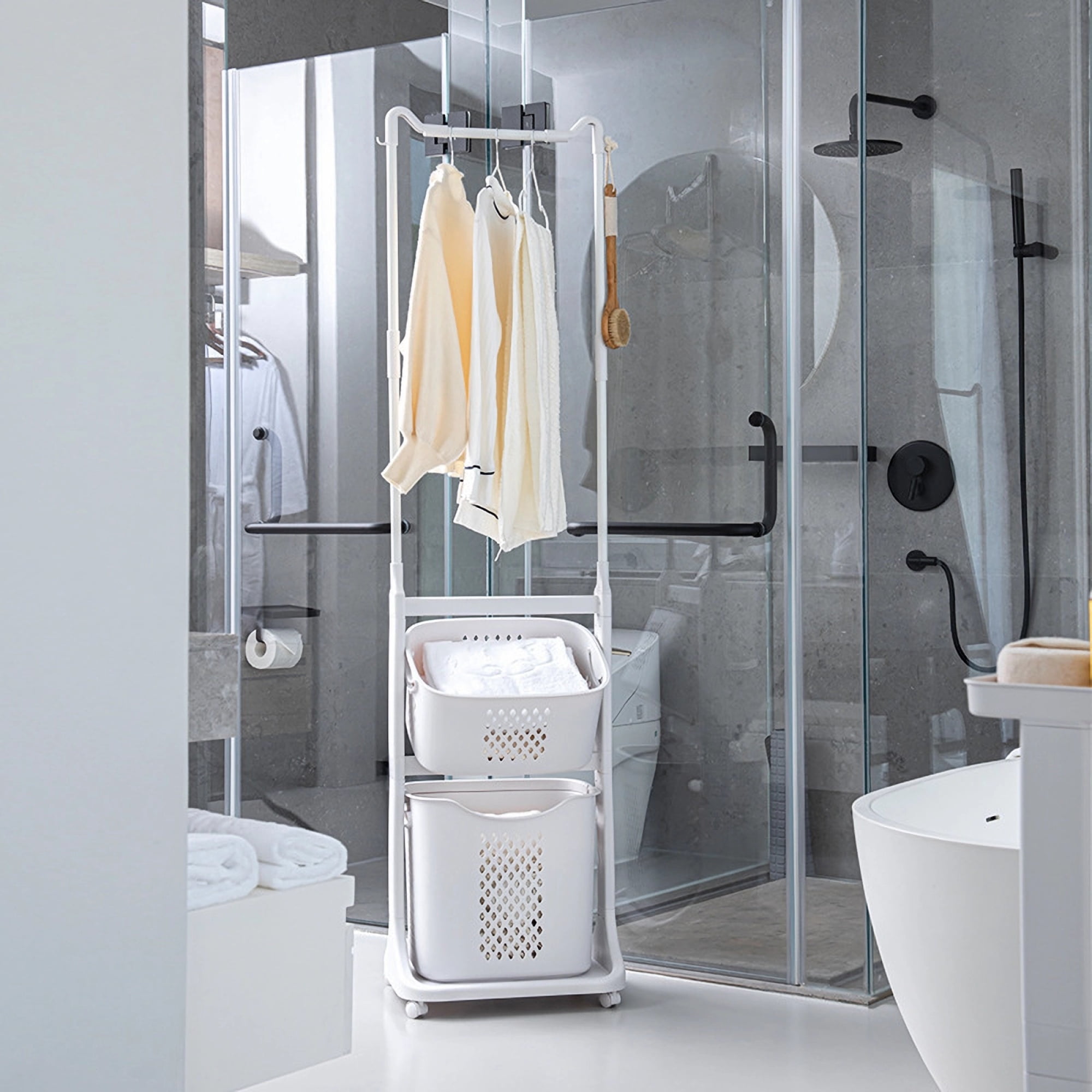2-Tier Laundry Hamper Basket Sorter with Wheels Removable & Hanging Bar,Stackable Laundry Cart for Small Space,Bathroom,Dorm, Closet,White