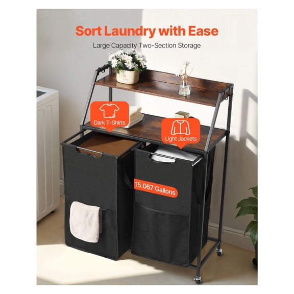 2 Tier Laundry Sorter Hamper - Rolling Laundry Basket with Tabletop, 600D Oxford Cloth Bags, Metal Frame - Tall Clothes Organizer for Laundry Room, Bathroom