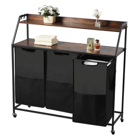 2 Tier Laundry Sorter Tall Hamper with Metal Frame Wooden Tabletop 3 Section Rolling Basket Organizer Storage Ladder Shelves 600D Oxford Cloth Bags