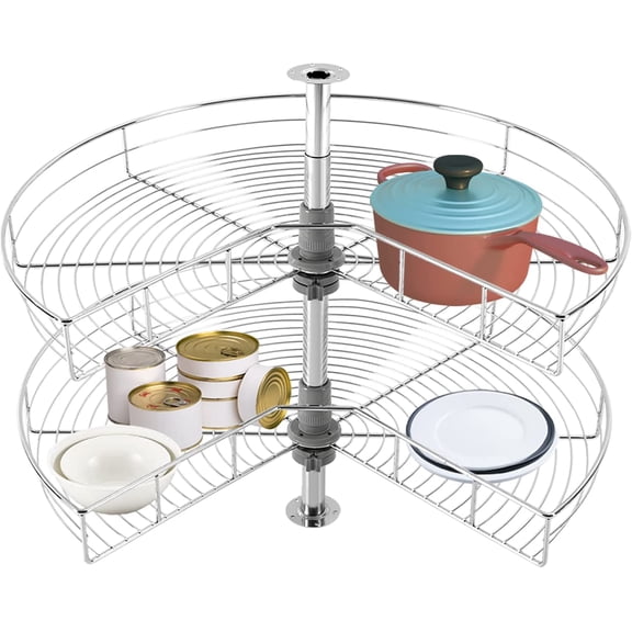 2 Tier Lazy Kitchen Base Cabinet Corner Organizer, 270° Rotating Blind Corner Wire Kidney Shaped Cabinet with Telescoping Mount, Corner Wire Kidney Shaped Cabinet