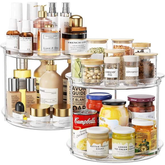 2 Tier Lazy Susan Organizer, 9.25'' Lazy Susan Turntable for Cabinet, Stackable Turntable Organizer Rotating Spice Rack Organization for Kitchen Countertop, Pantry, Bathroom, Clear