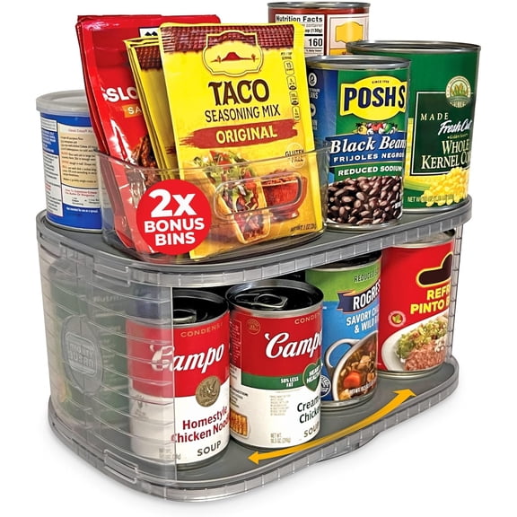 2-Tier Lazy Susan Pantry Organizer  Steel Reinforced Turntable for Kitchen Cabinets & Pantry Storage  Heavy-Duty Can Organizer Holds Up to 30 lbs  Rotates 360  Includes 2 Bonus Bins