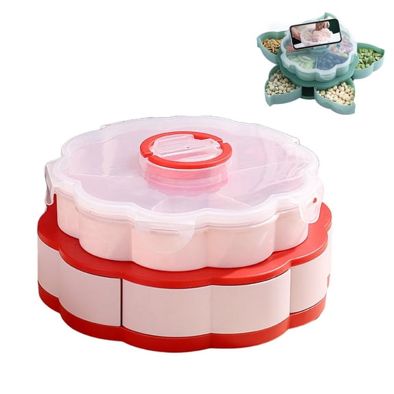 2 Tier Lazy Susan Serving Tray with Phone Holder, Rotating Flower Petal Snack Box for Nuts, Candy, Fruit, Appetizers - 9.7" Diameter