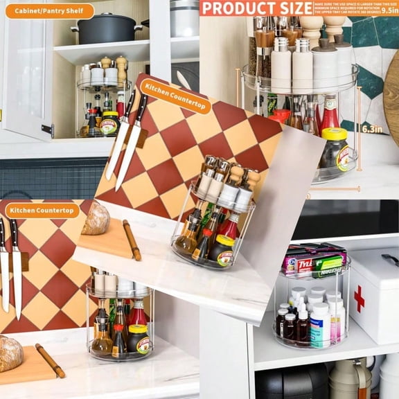 2 Tier Lazy Susan Turntable for CabinetCountertop Pantry 9.5"W Spinning Seasoning Organizer Double Rotating Kitchen Spice Rack Organizer and Condiments Medicine Vitamin Bottle Organizer Carousels 1Pc