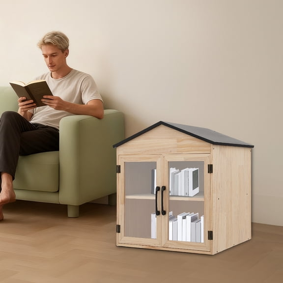 2-Tier Library Book Box Storage Wooden Cabinet Little Literature Box for Home School Community