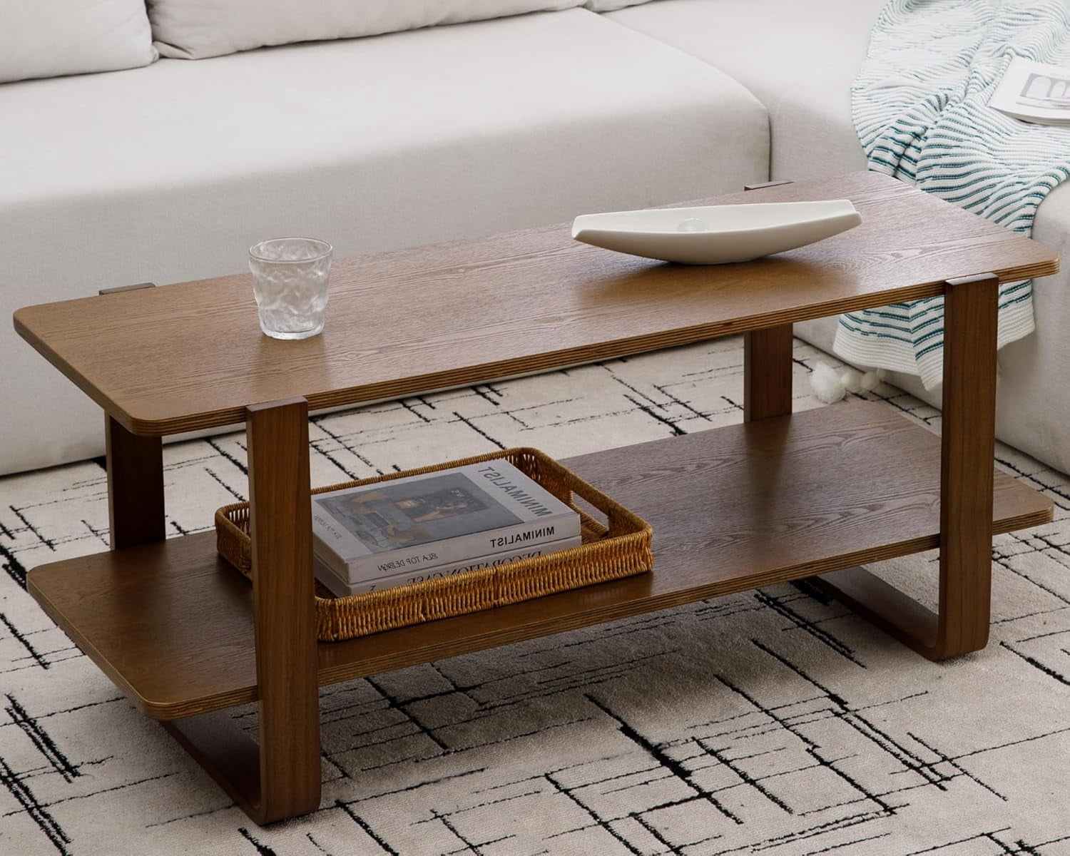 2-Tier Long Coffee Table, Modern Mid Century Rubber Wooden Sofa Side ...